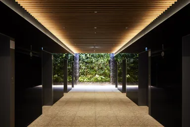 インテリアには植栽や天然木材を採用(1階 エレベーターホール)