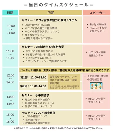 「ハワイ留学フェア　2025」当日のスケジュール