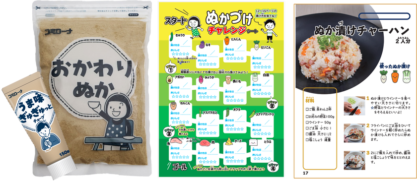 (左)アレンジ素材　(中)チャレンジシート　(右)レシピ集