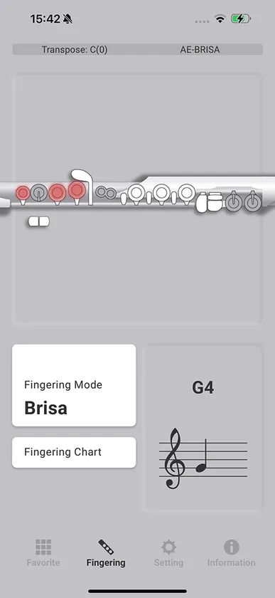 『Aerophone Brisa Plus』 運指表示の画面イメージ
