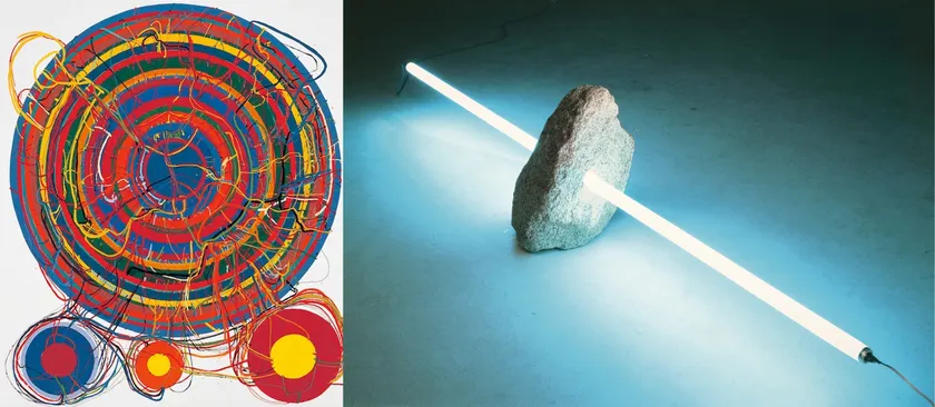 (画像左から)田中敦子《Thanks Sam》1963年 千葉 市 美 術 館 蔵 (C)Kanayama Akira and TanakaAtsuko Association 、 河口龍夫 《 石と光 》1971/1989年 千葉市美術館蔵 撮影:齋藤さだむ