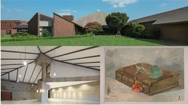 (画像上)外観、(左下)傾斜屋根が特徴の展示室、(右下)浅井忠《本と花》1889年