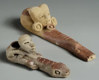(Photo_18)人頭像付ヘビ形土製パイプ メキシコ　20世紀後半