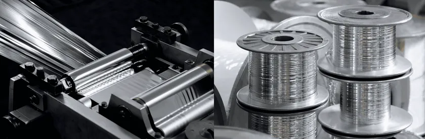 (左)アルミ蒸着フィルムをスリットと同時に巻き付け。特殊な機械により、ねじれずに巻き付けられることがポリエステル糸との同時編織を可能にしている。(右)ねじれずに巻き付けられたアルミの糸