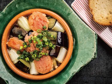 秋ナスと博多明太子のアヒージョ