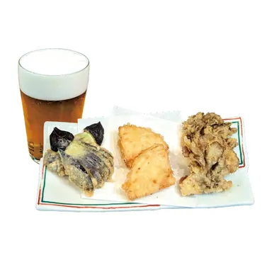 砂場限定メニュー「生ビール(アサヒスーパードライ)＆三種の天ぷら」