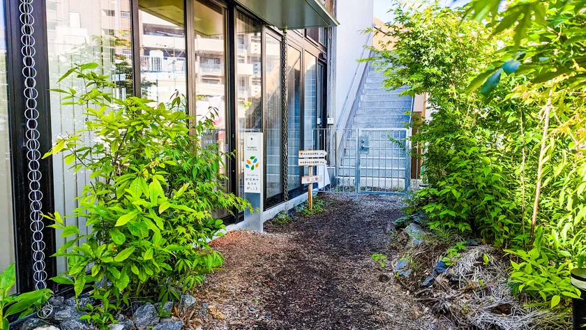 緑の木々に囲まれたすがすがしいビル