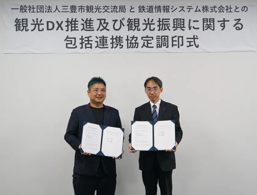 包括連携協定調印式(左から三豊市観光交流局 樋口会長、鉄道情報システム 上田取締役)