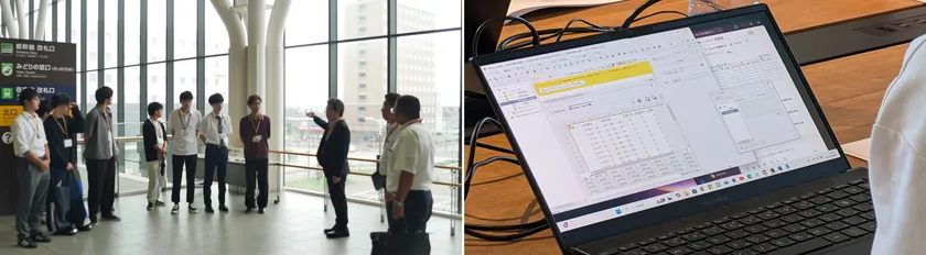 左:新函館北斗駅にて視察中、右:ローコード開発にてロボット開発