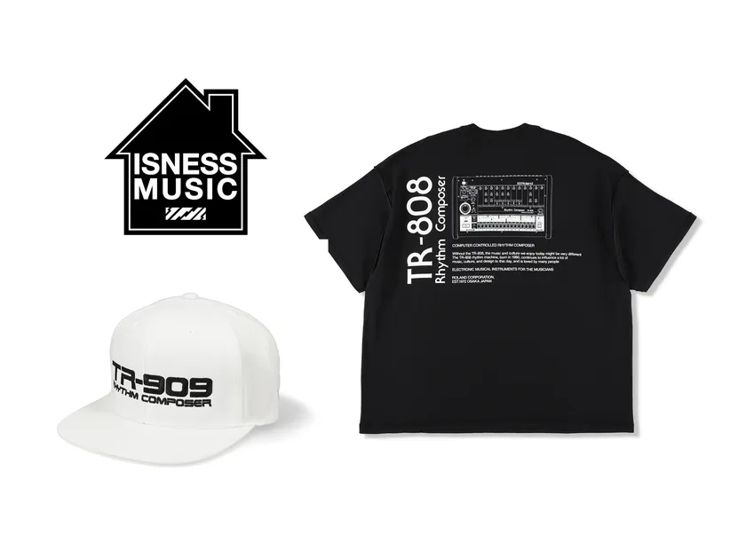 ISNESS MUSICのブランド・ロゴと、Roland Store Tokyoで販売するアパレル・コレクションの一例