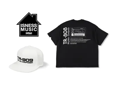 ISNESS MUSICのブランド・ロゴと、Roland Store Tokyoで販売するアパレル・コレクションの一例