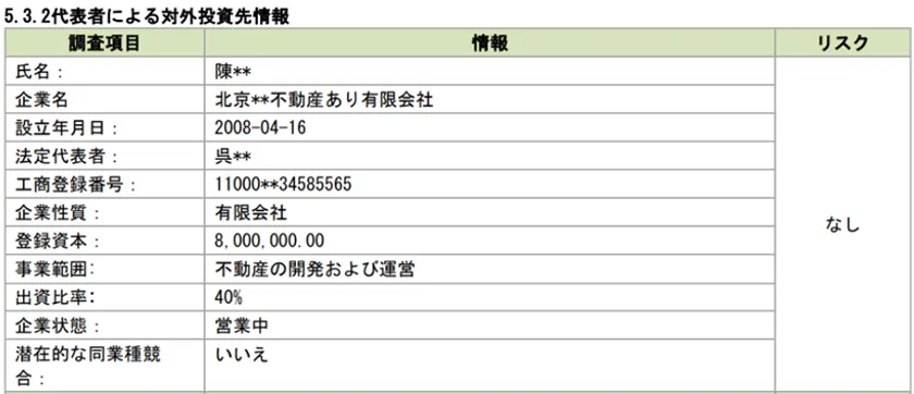 代表者による対外投資先情報(イメージ)