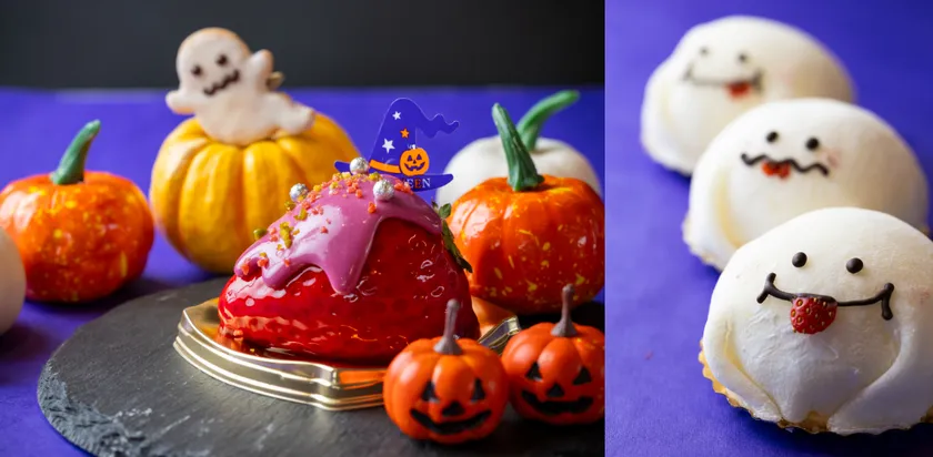 (写真左)いちごのハロウィンババロワ、(写真右)おばけのいちごショート大福