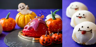 (写真左)いちごのハロウィンババロワ、(写真右)おばけのいちごショート大福