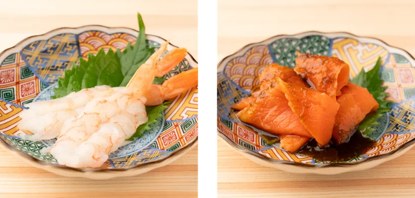 赤海老刺し&サーモンの青唐醤油