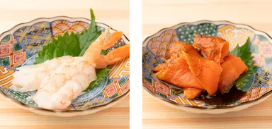 赤海老刺し＆サーモンの青唐醤油