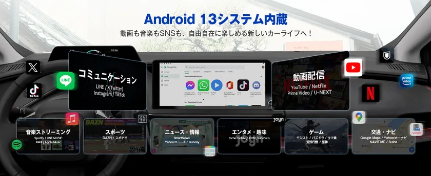 Android13システム搭載、多彩なコンテンツを搭載でお愛車に一新する。