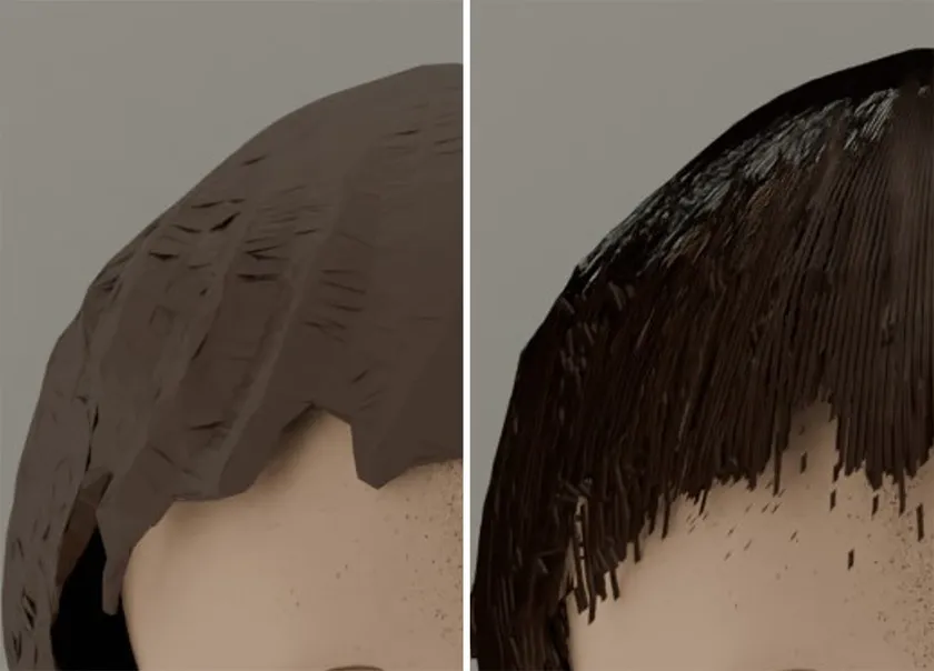 従来方式で再現したアバターの頭髪(左)と、本技術により再現した高精細なアバターの頭髪(右)