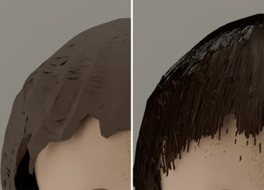 従来方式で再現したアバターの頭髪(左)と、本技術により再現した高精細なアバターの頭髪(右)