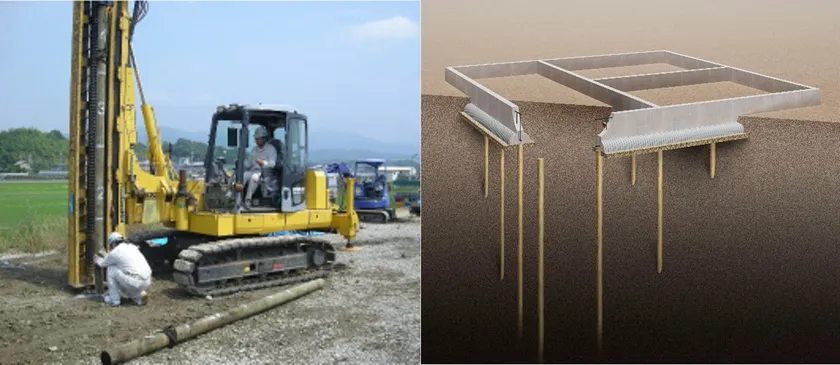 「SH-KPパイル工法」の施工状況と「SH-KPパイル工法」のイメージ図