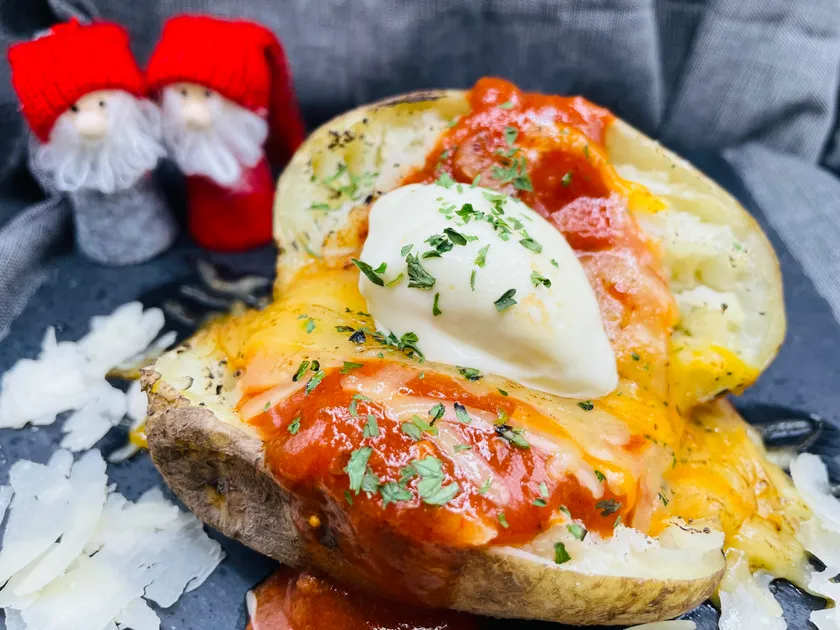 ジャケットポテトwithサワークリーム 溢れるクリスマスチーズ掛け