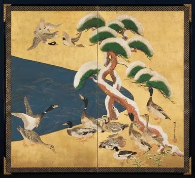 「雪松群禽図屏風」二曲一隻