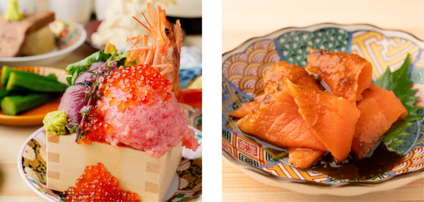 大盛りいくらの海鮮升盛りとサーモンの青唐辛子醤油