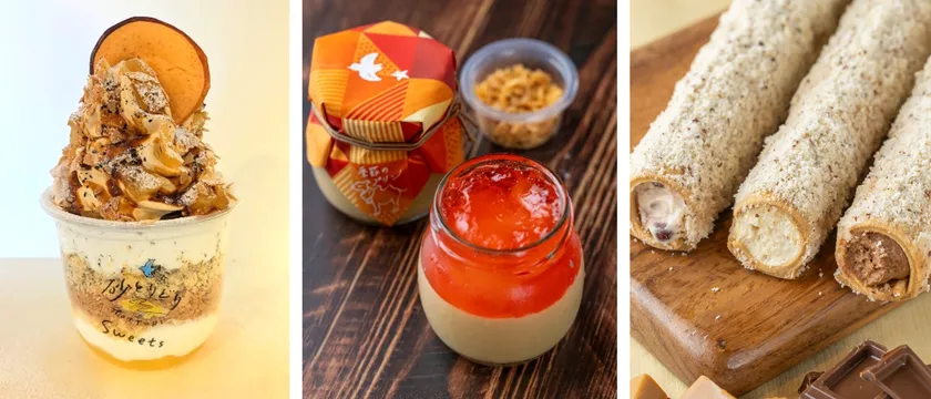 左から)砂パフェリンゴキャラメル/アップルパイプリン/スティックタルトりんごキャラメル