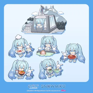 デフォルメイラスト　弘前：「珈琲の街」、「フランス料理の街」、「津軽塗りと“けの汁”」　 函館：「函館山ロープウェイ」、「海鮮丼」、「サル山温泉」　Art by 花ヶ田 / 雪ミク (C) CFM