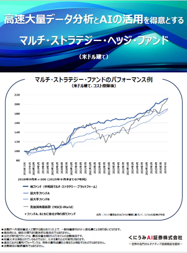 高速大量データ分析とAIの活用を得意とするマルチ・ストラテジー・ヘッジ・ファンドのパンフレット（表）