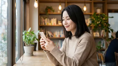 悩んでいる人がスマホで記事を見て安心している様子(2)