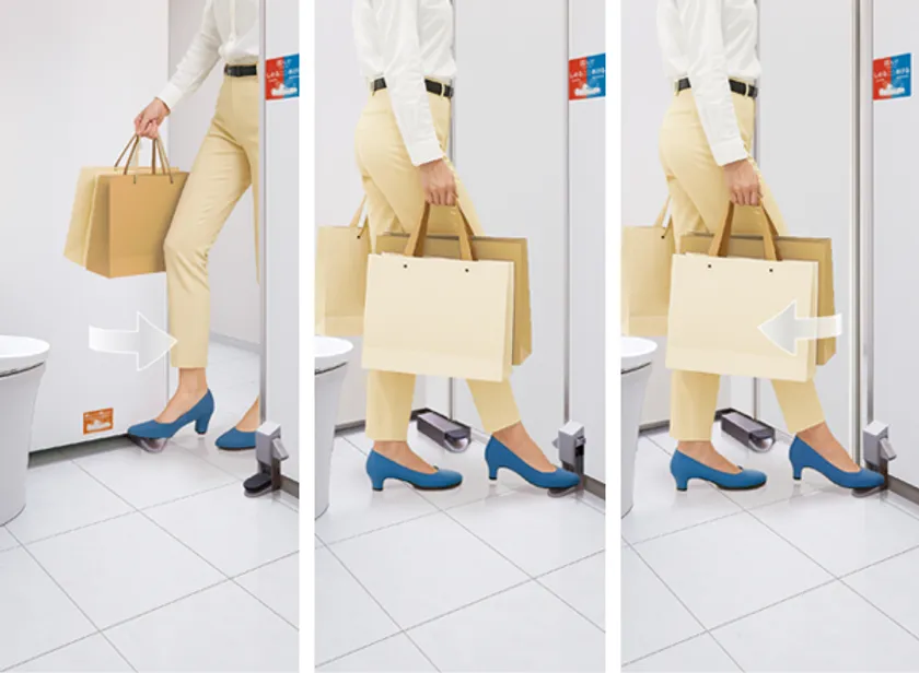 ペダルを踏むと扉がゆっくり閉まります/ペダルを踏むと施錠されます/ペダルを踏むと解錠され、扉がゆっくり開きます