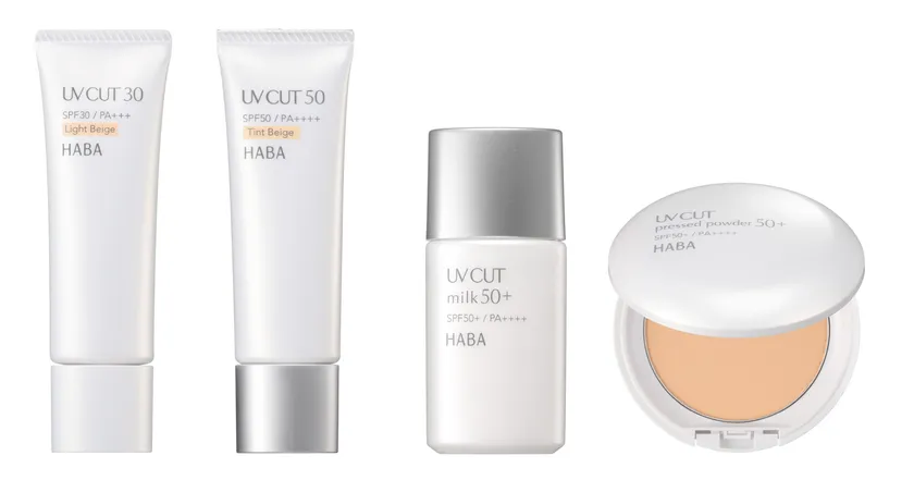 『UVカット30<ライトベージュ>』『UVカット50<ティントベージュ>』 『UVカットミルク50+』『UVカットプレストパウダー50+<ナチュラル>』