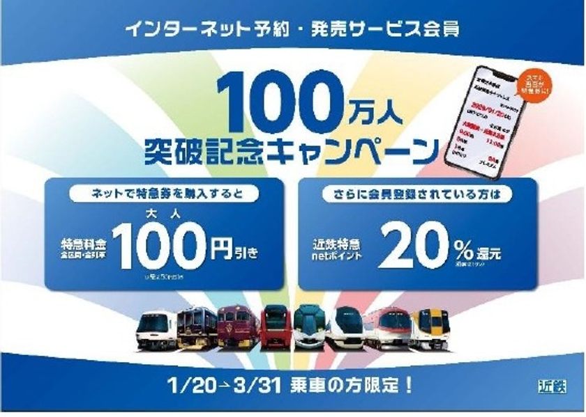 ～ 特急料金１００円引き＆近鉄特急netポイント付与倍増 ～
「インターネット予約・発売サービス」会員１００万人突破記念キャンペーンを実施！