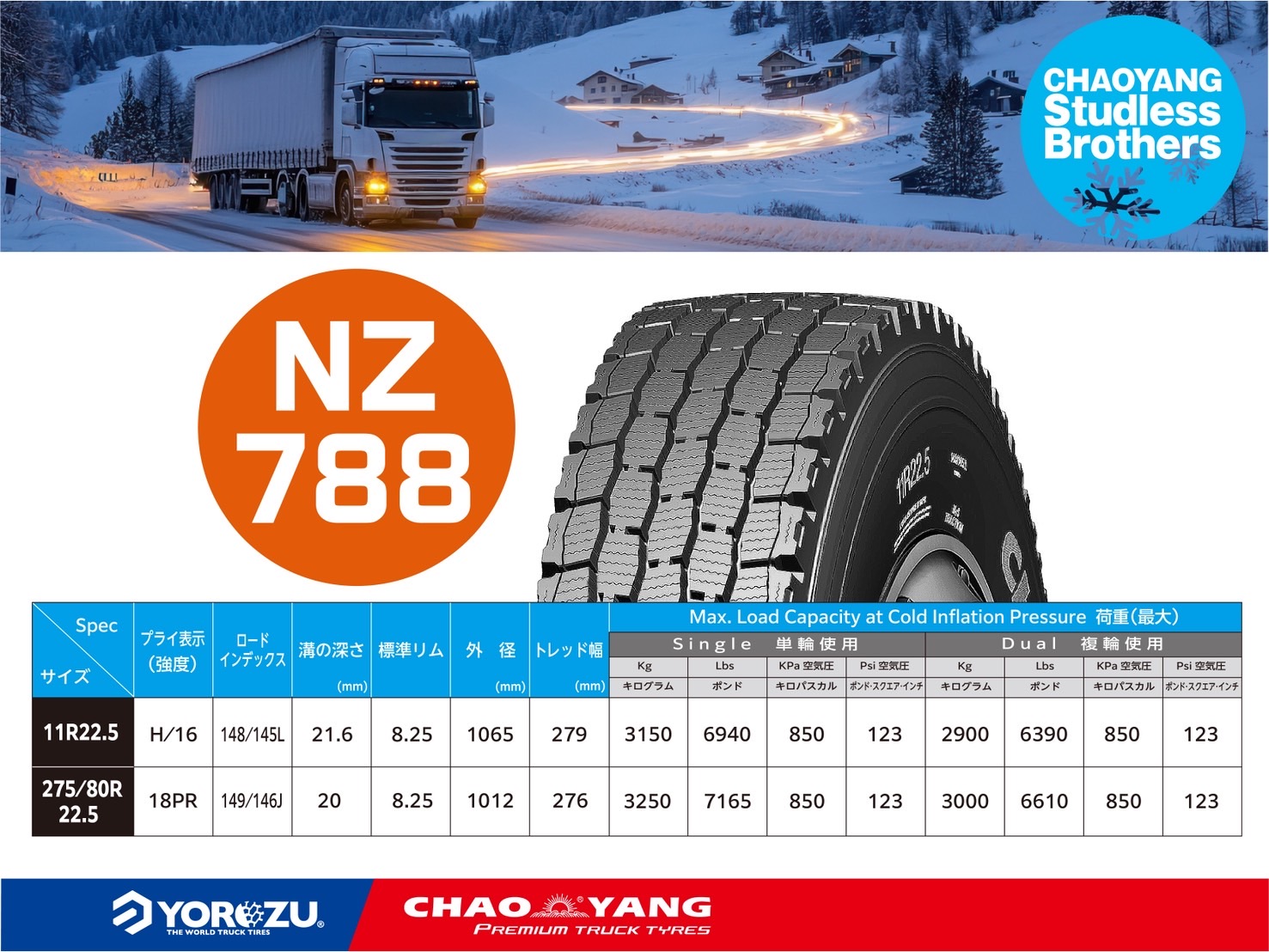 CHAOYANGトラックタイヤ 2025年冬の売れ筋スタッドレス4モデル 「NS785