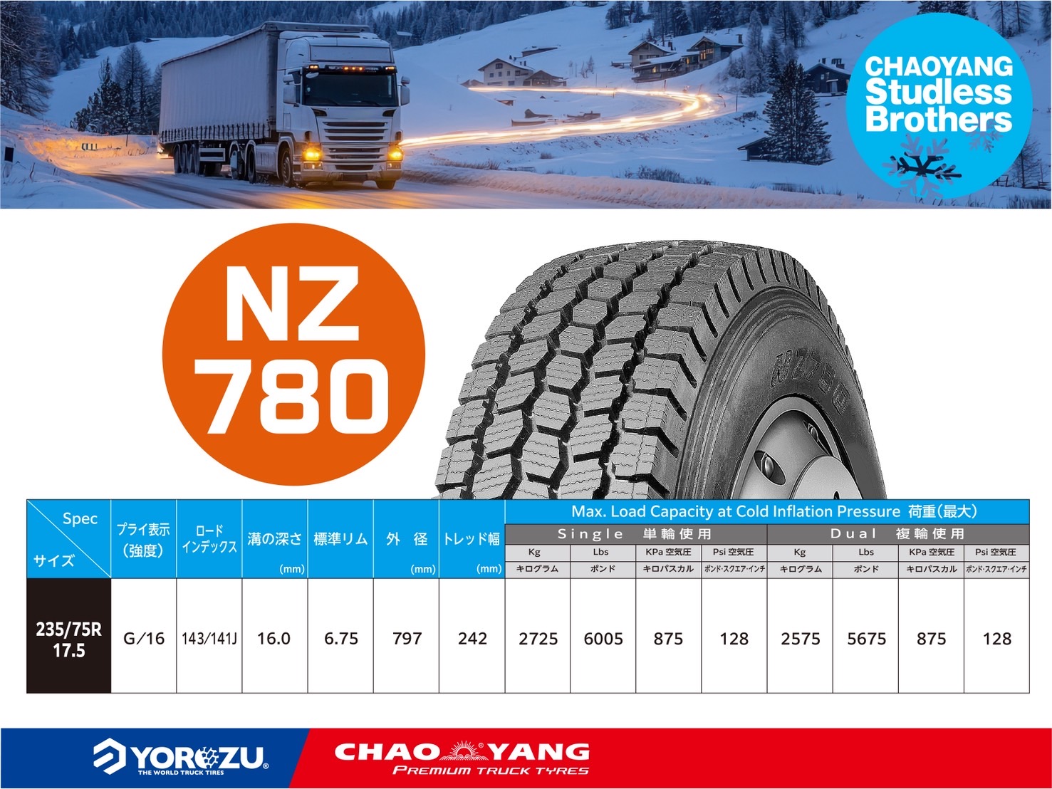 CHAOYANGトラックタイヤ 2025年冬の売れ筋スタッドレス4モデル 「NS785