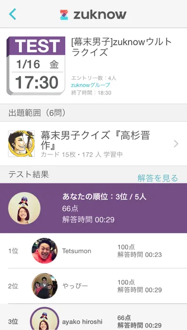 グループでの「一斉テスト」結果(ランキング)画面