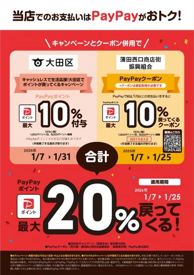 蒲田西口商店街振興組合1月PayPayクーポンポスター(自治体10%付与併用Ver)