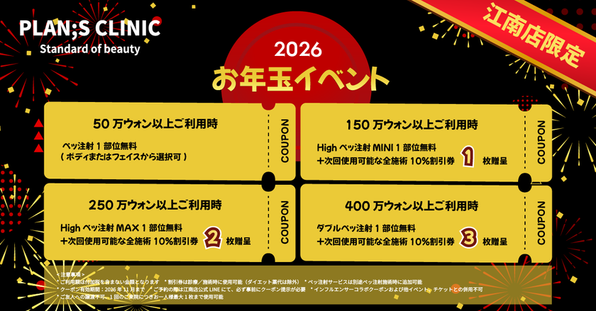 PLAN;S CLINICが年始からお年玉イベントを開催
～HAPPY DIET YEAR 2026～
ご利用額に応じて豊富な特典をゲット