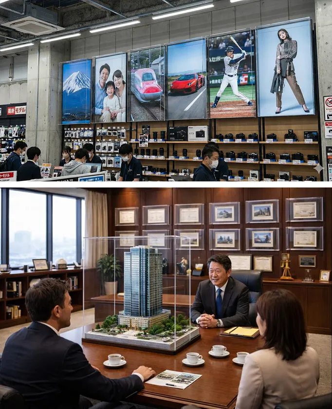 (上)家電量販店カメラコーナー/(下)建築会社役員室