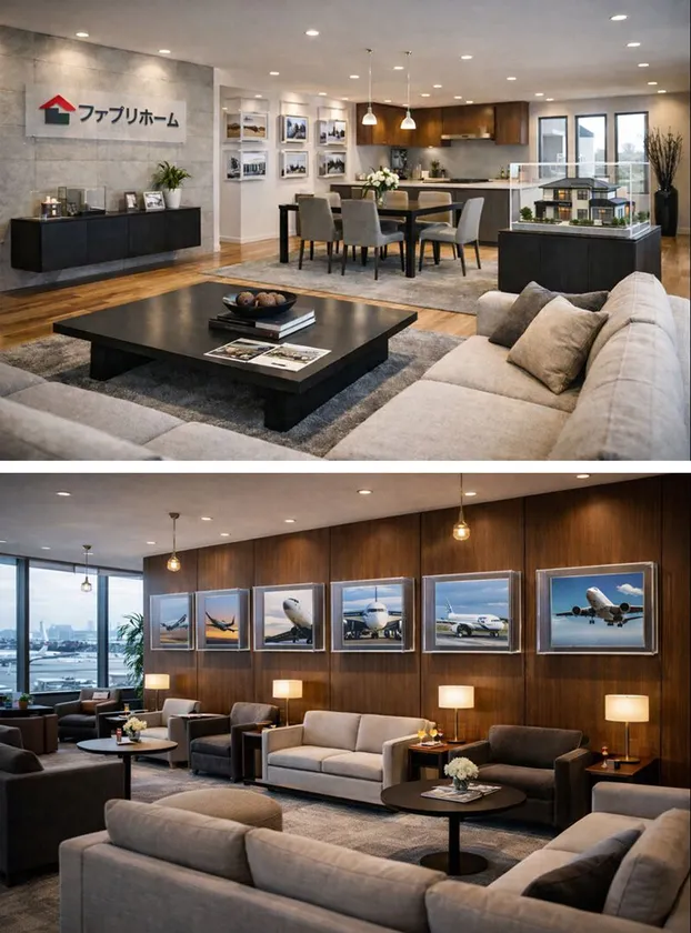(上)住宅展示場/(下)空港ラウンジ