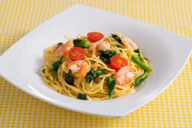 エビと菜の花のアヒージョパスタ