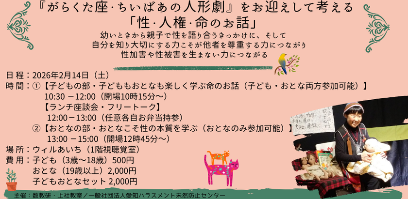 性被害者にも性加害者にもならないためのファーストタッチ
『がらくた座・ちいばあの人形劇』をお迎えして考える
「性・人権・命のお話」2月14日に開催