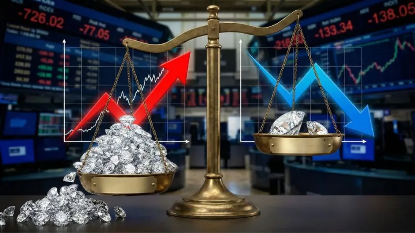 合成ダイヤモンドの流通量が増加し、天然ダイヤモンドの相場が下がっているイメージ画像