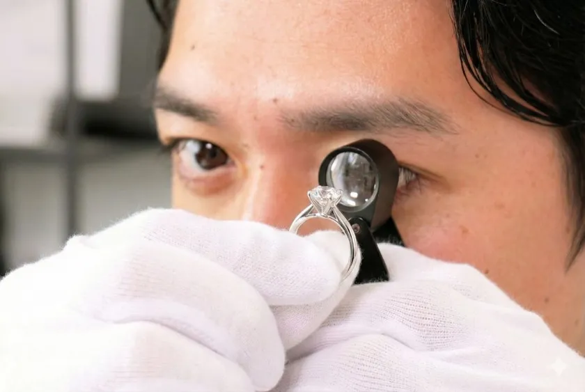 ダイヤモンドのリングを査定するおもいおの鑑定士の画像