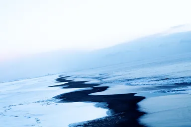 志賀理江子作品　「海に雪が降る日、波打ち際には蛇の道があらわれる　その先を歩いていくと、もうここにはいない、近しいあの人たちに会える」　2023年