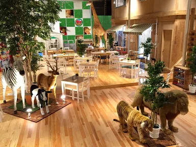 室内でもピクニック気分を味わえる開放的なカフェスペース