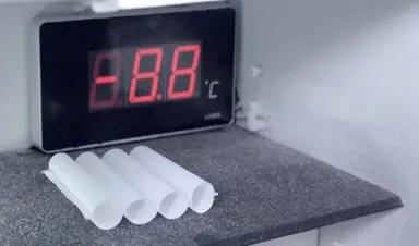 寒くなると膨らむ形状記憶シート。マフラーの中に入っている