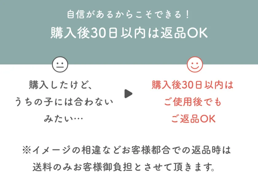 商品お届け日より30日以内はお客様都合でもお承り可能な返品保証