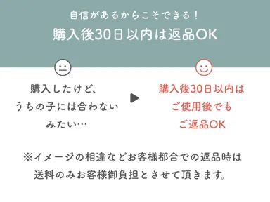 商品お届け日より30日以内はお客様都合でもお承り可能な返品保証